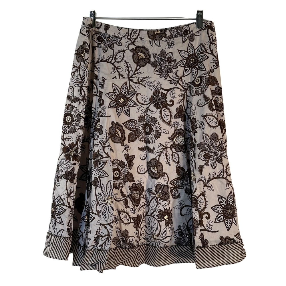 Coldwater Creek Brown Floral Cotton Midi Skirt Beaded Trim A-Line